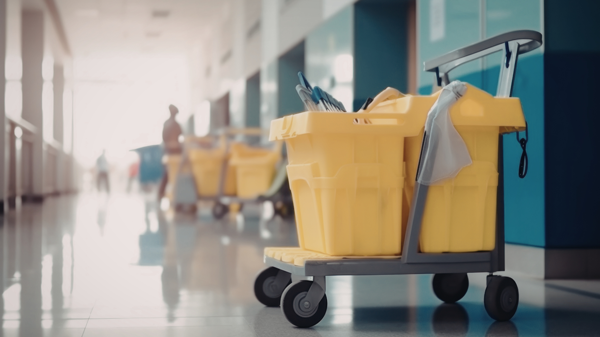 Yellow cleaning cart in a bright hallway, with mop and supplies in a hospital or office corridor.