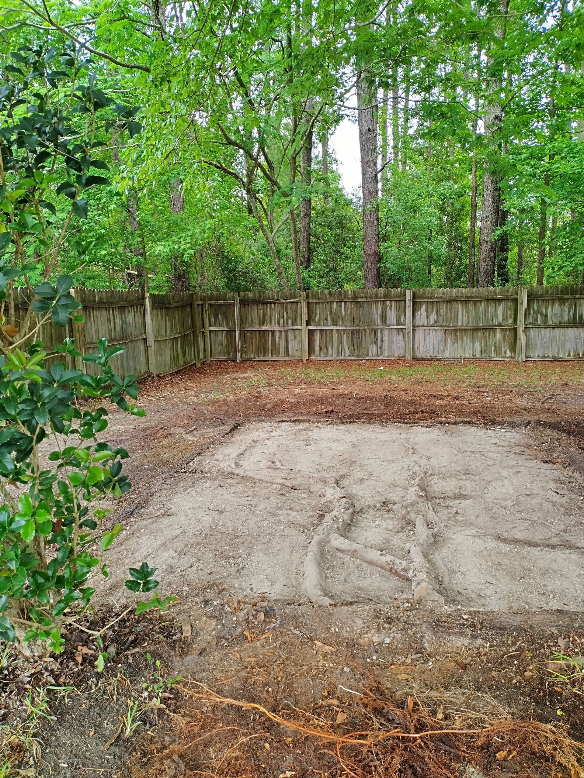 A dirt field with a wooden fence and trees in the background.