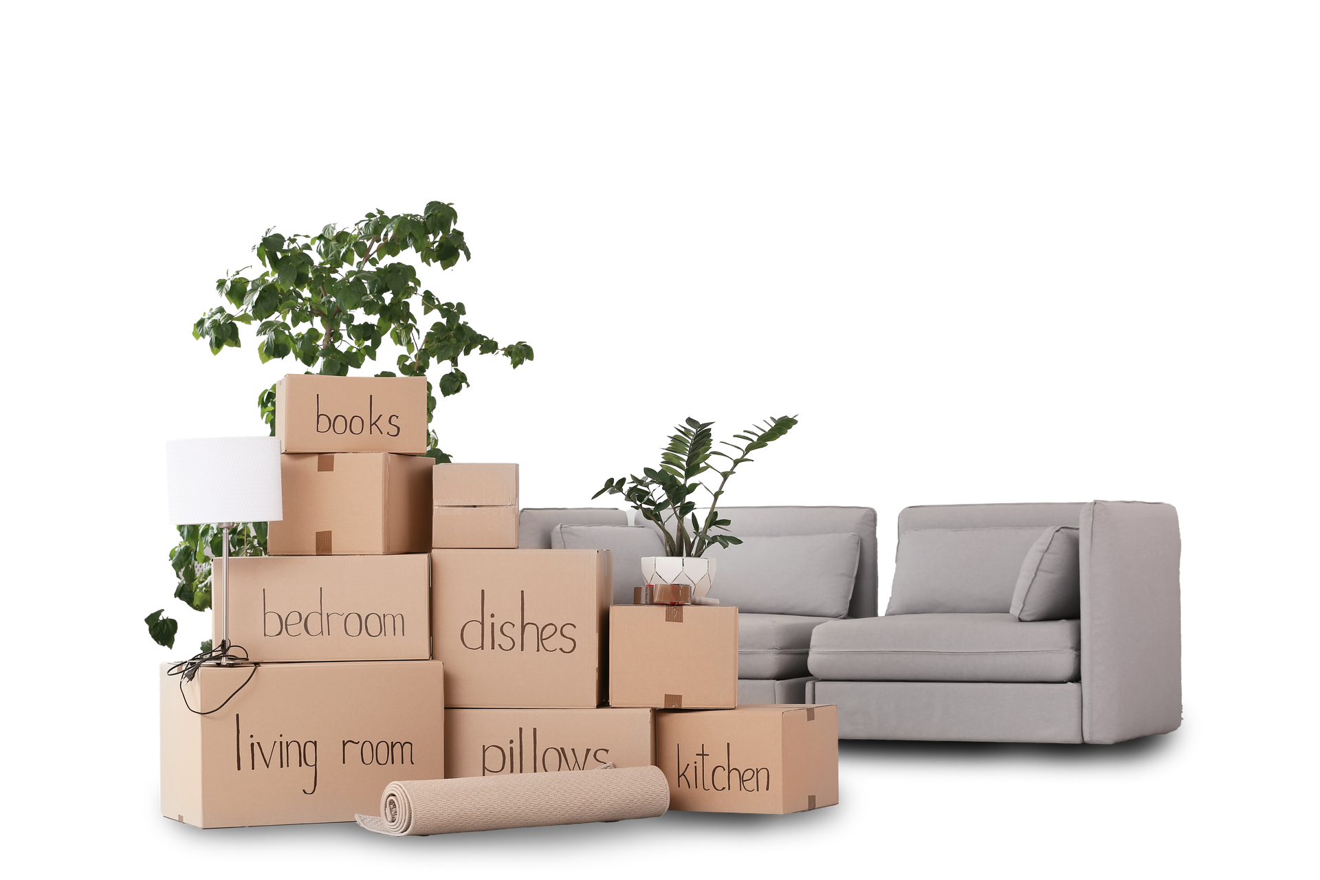 A stack of cardboard boxes sitting next to a couch