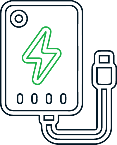 A line drawing of a charger with a lightning bolt on it.
