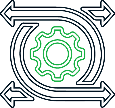 A gear is surrounded by four arrows in a circle.