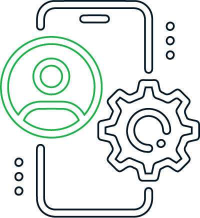 A line drawing of a person , a gear , and a phone.