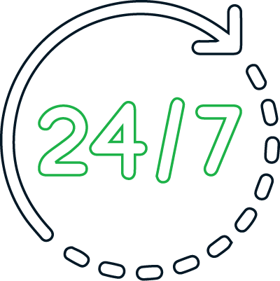 A line drawing of a circle with the number 24/7 inside of it.