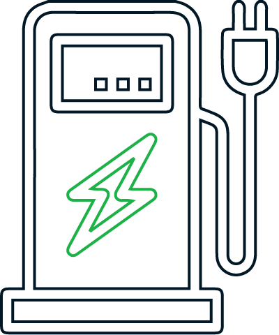 A line drawing of a gas pump with a lightning bolt and a plug.
