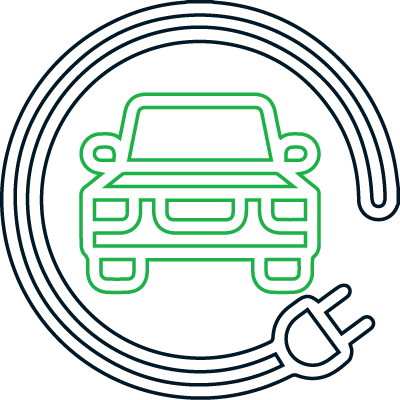 A line drawing of an electric car with a plug attached to it.