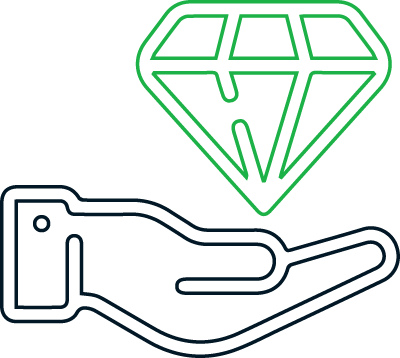 A line drawing of a hand holding a diamond.