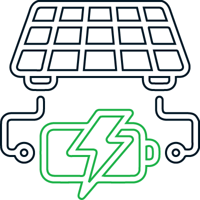 A line drawing of a solar panel and a battery with a lightning bolt.