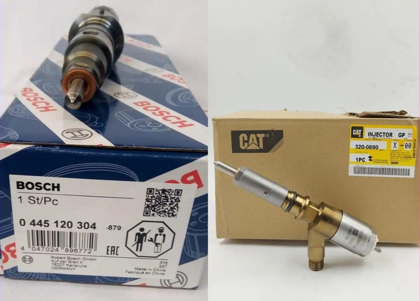 Dos bujías de automóvil en cajas Bosch y CAT, una dorada y otra negro-plateada.