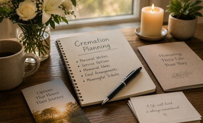 Cremation planning materials and memorial brochures representing cremation services in Barrington, I