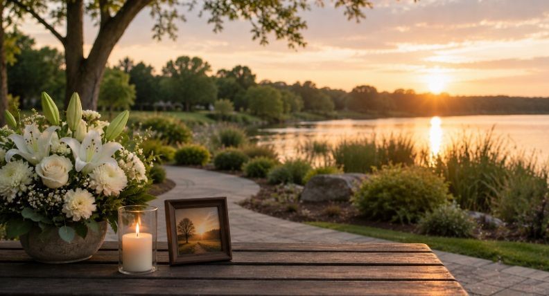 cremation services in Lake Zurich, IL with flowers, a candle, and a scenic lakeside view.