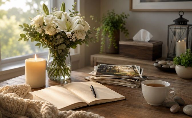 flowers, candle, journal, and comforting keepsakes for funeral homes in Barrington, IL