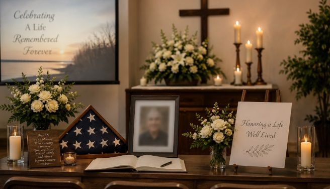 floral arrangements, candles, and tribute displays at a funeral home in Barrington, IL