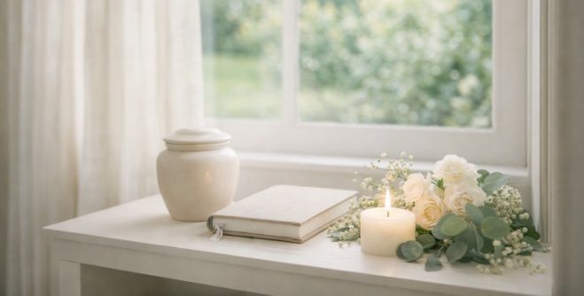Softly lit window scene with memorial items reflecting cremation services in Lake Zurich, IL