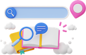 Search bar, location pin, magnifying glass, book, speech bubble, and clouds.