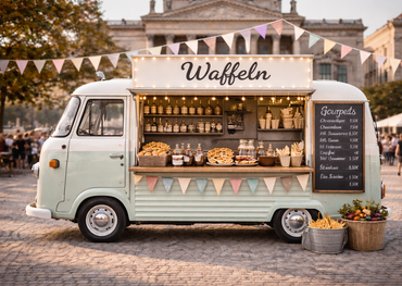 Beispielfoto Cateringstand: Waffel-Stand vor Museum mit Wimpelkette Beispielfoto Cateringstand: Waffel-Stand vor Museum mit Wimpelkette