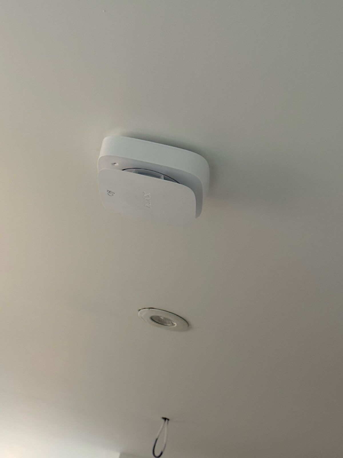 Wireless smoke detector installed on an office ceiling