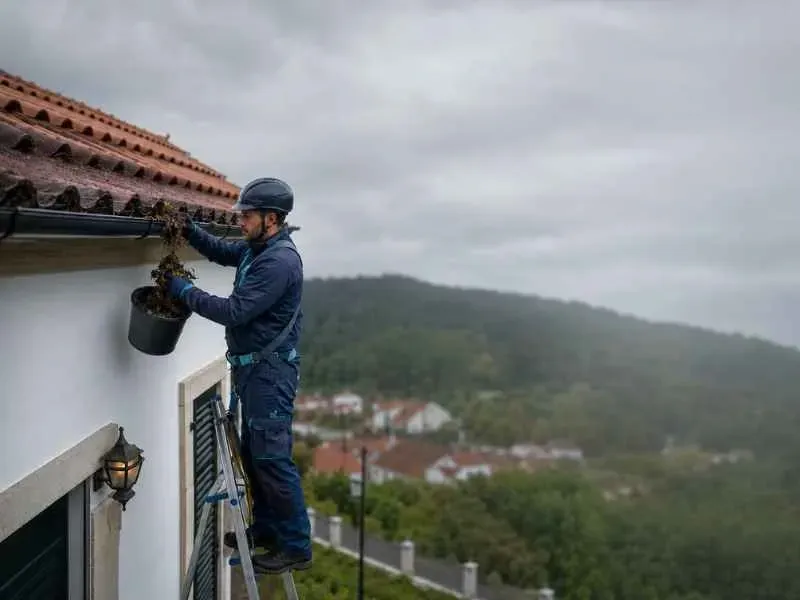 Caleira obstruída com folhas e detritos antes da limpeza