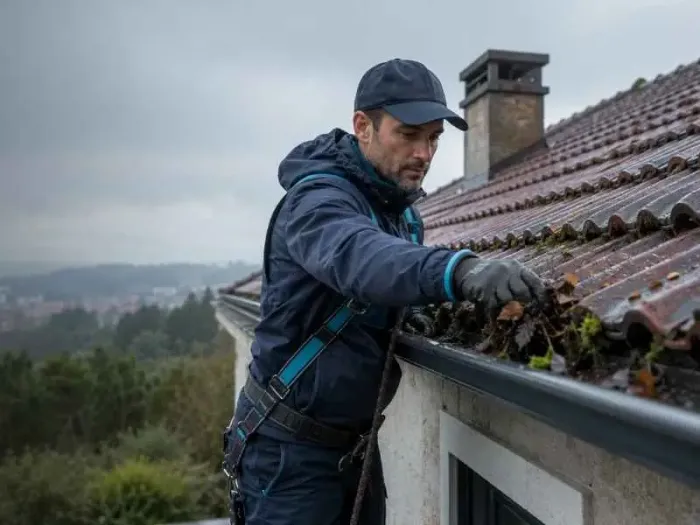 Técnico da Nortalis a verificar e limpar caleiras em altura