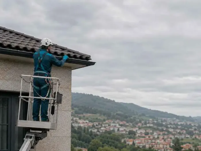 Técnico da Nortalis a realizar limpeza profissional de caleiras