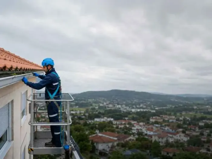 Técnico especializado a realizar a limpeza de caleiras em altura
