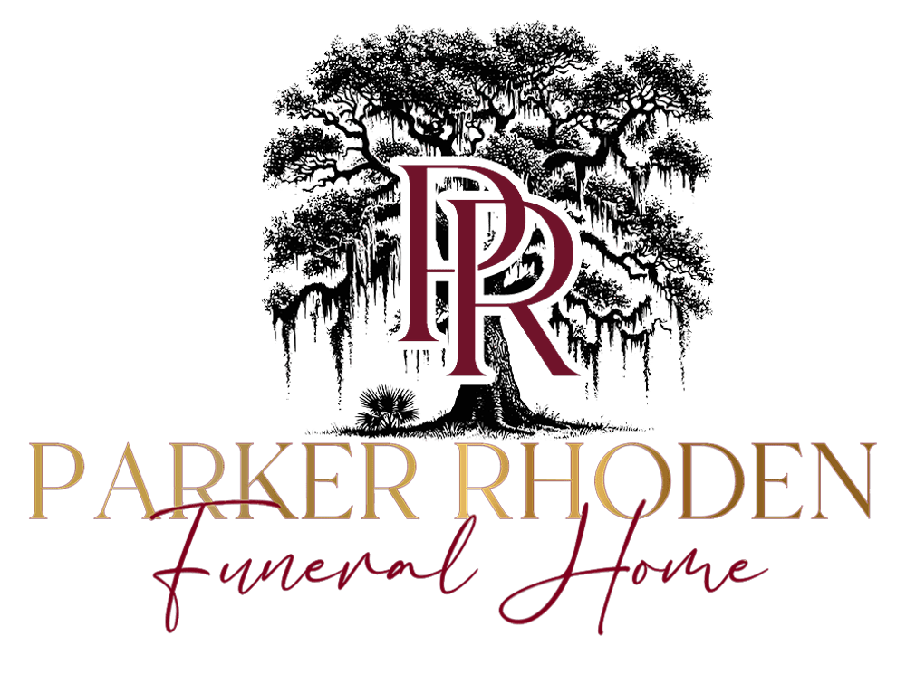 Parker Rhoden Funeral Home logo with a tree, intertwined PR monogram, and gold and burgundy text