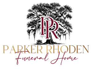 Parker Rhoden Funeral Home logo with a tree, intertwined PR monogram, and gold and burgundy text