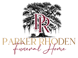 Parker Rhoden Funeral Home logo with a tree, intertwined PR monogram, and gold and burgundy text