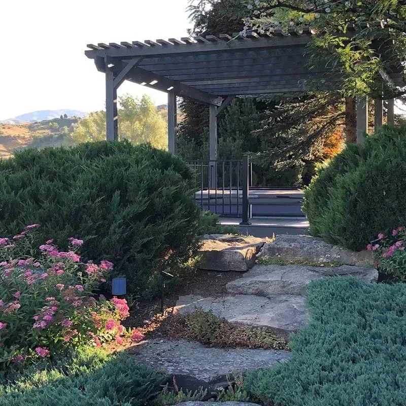 Garden pathway with stone steps leading to a shaded pergola, surrounded by bushes and pink flowers.