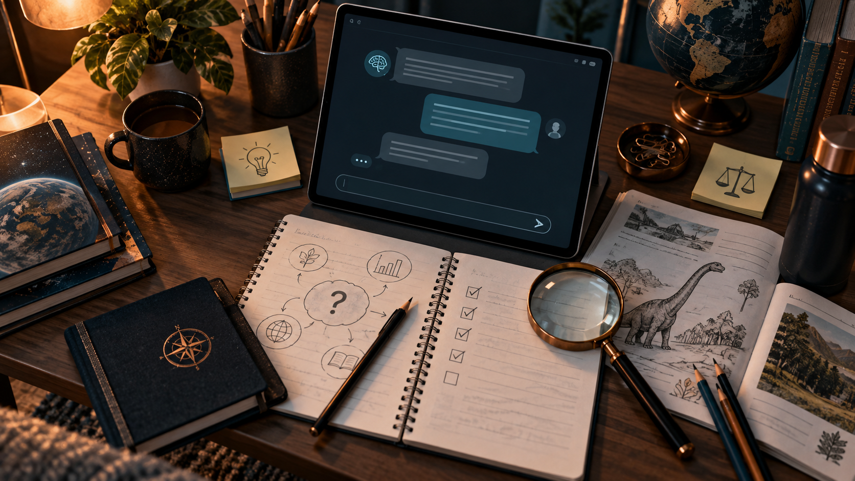 Student comparing an AI conversation with notes, books, research materials, and fact-checking tools