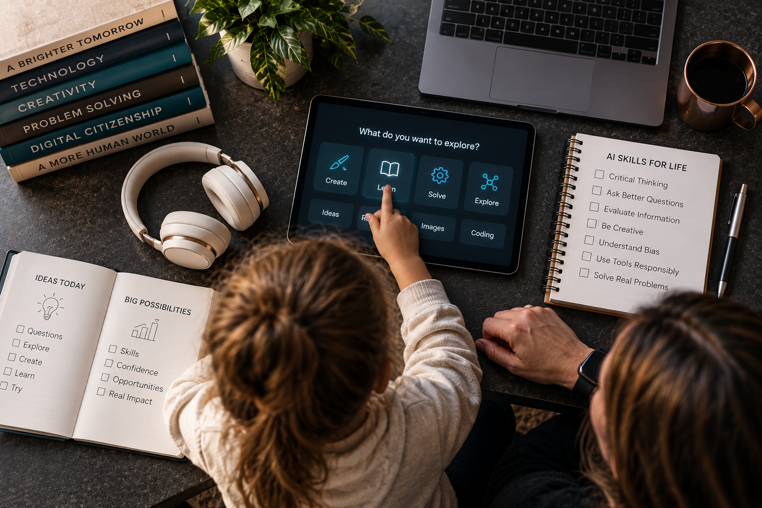 Young learner navigating AI literacy skills including critical thinking, creativity, communication, problem solving, and responsible technology use