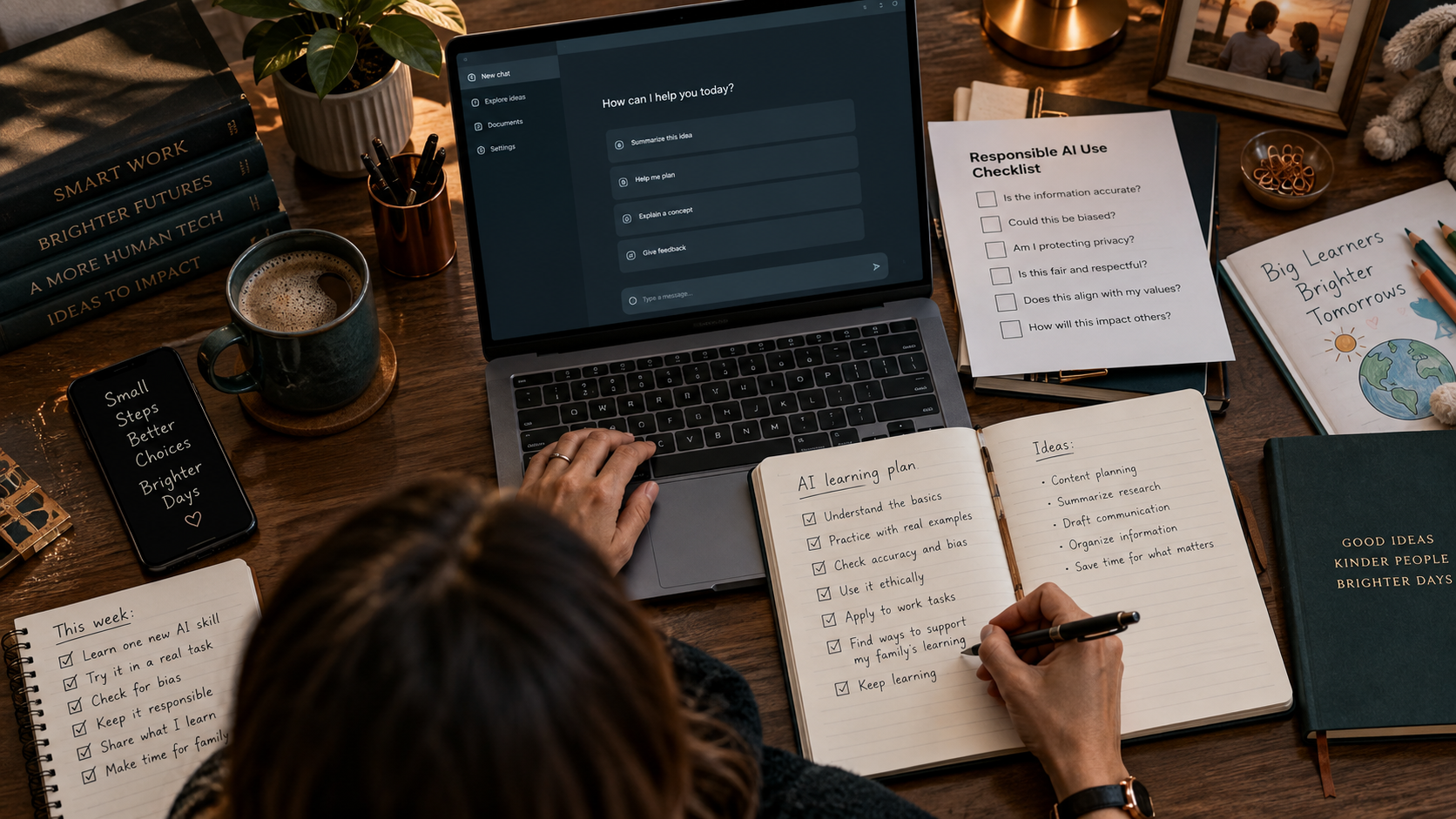 Professional workspace showing AI use, responsible review, privacy, fact-checking, and practical learning