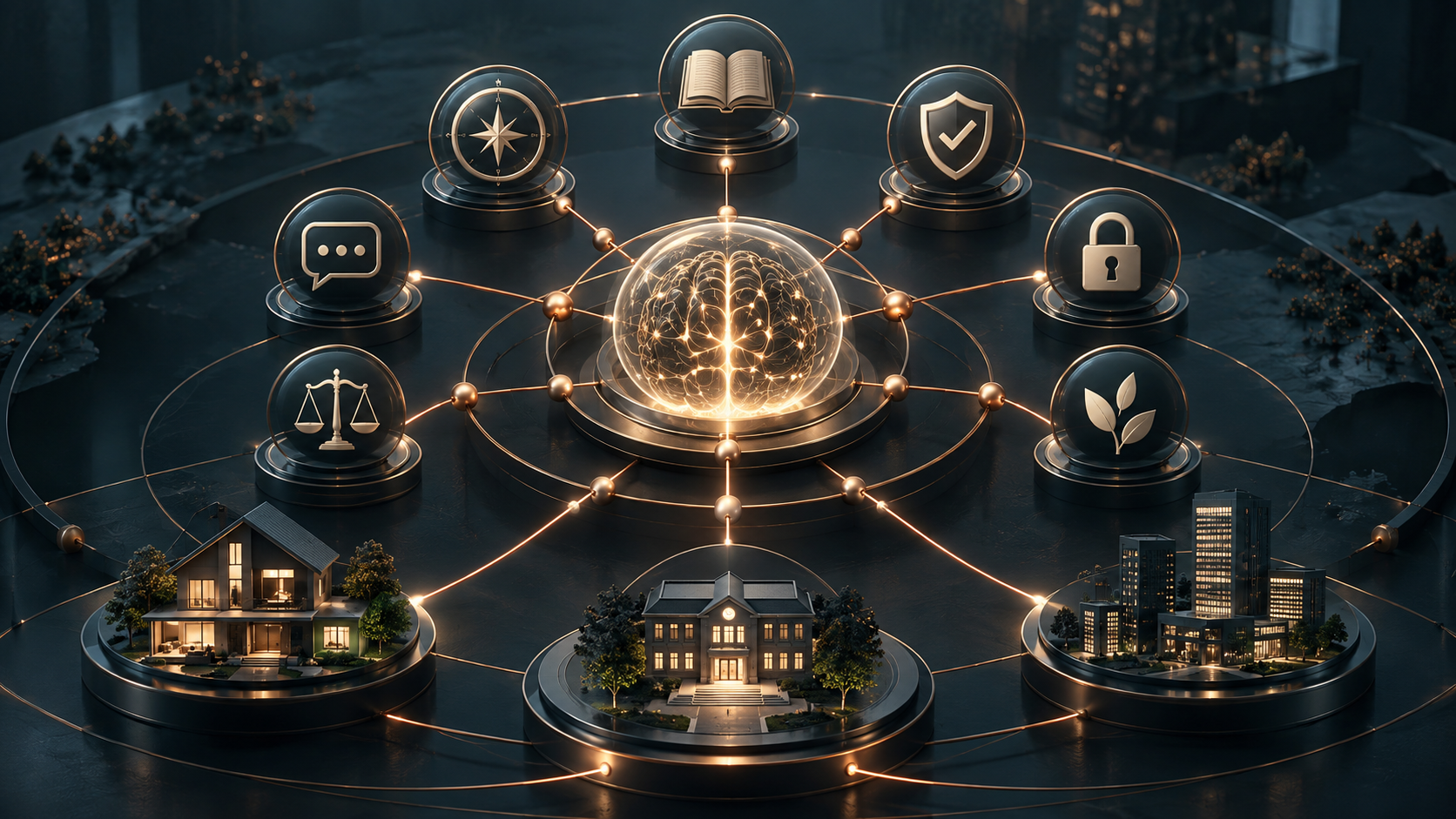 AI literacy ecosystem connecting learning, privacy, communication, ethics, security, and responsible decision-making