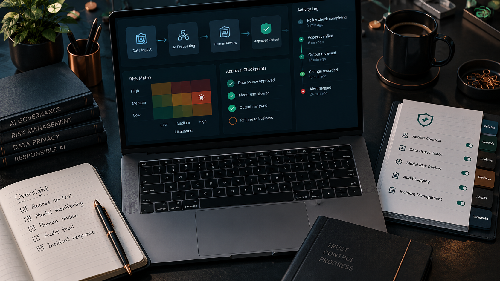 AI governance workspace showing risk controls, human review, access management, and approval checkpoints