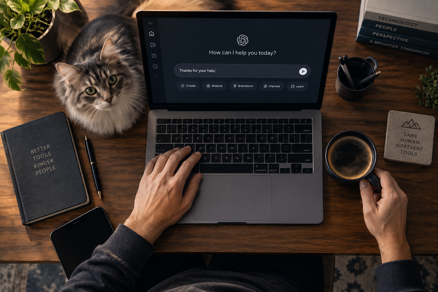Top-down workspace showing a courteous AI conversation and thoughtful human use of technology