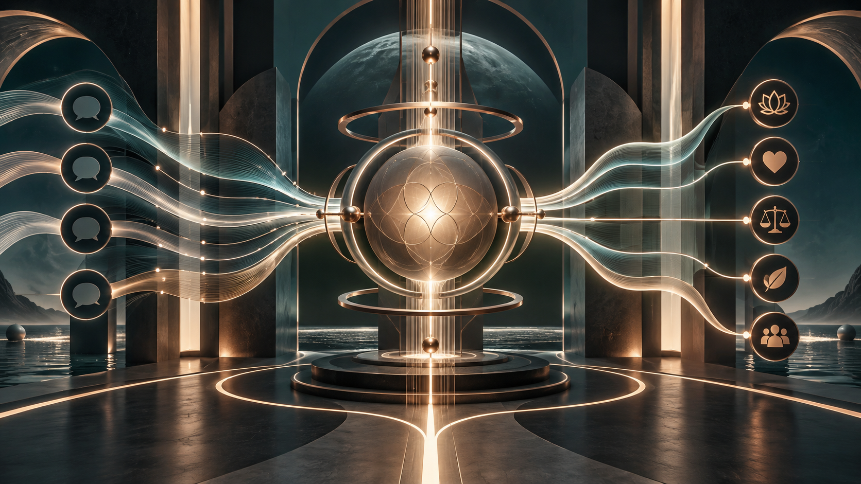 Abstract human-centered technology system connecting communication, empathy, fairness, and community