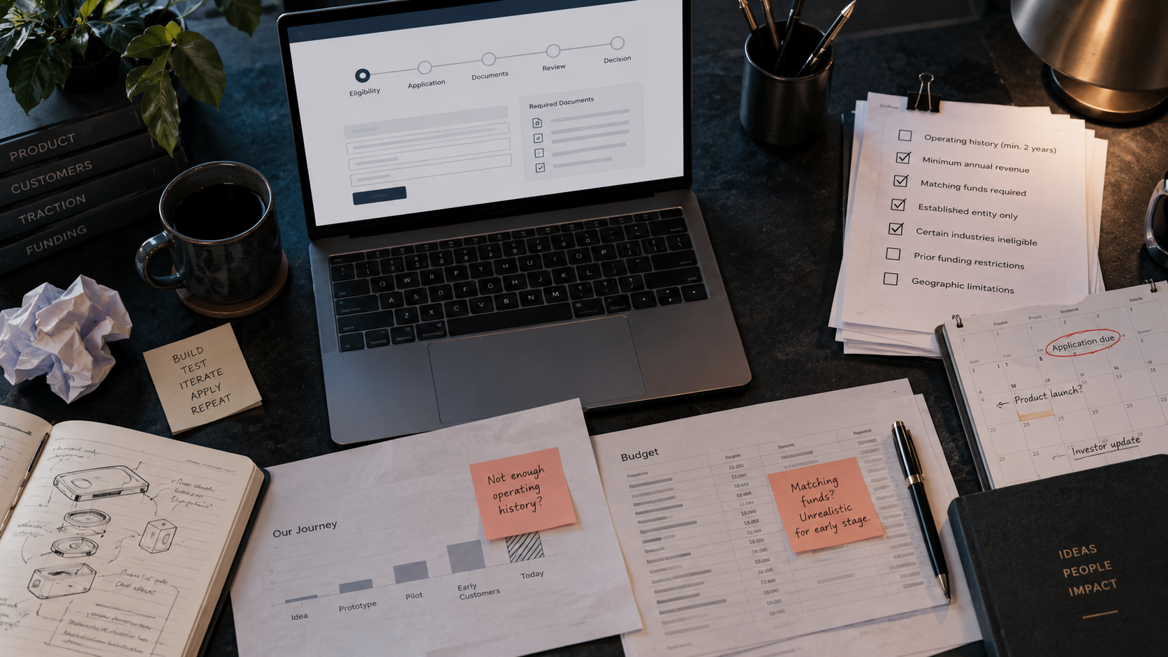 Startup founder reviewing grant eligibility requirements involving operating history, revenue, matching funds, and financial documentation