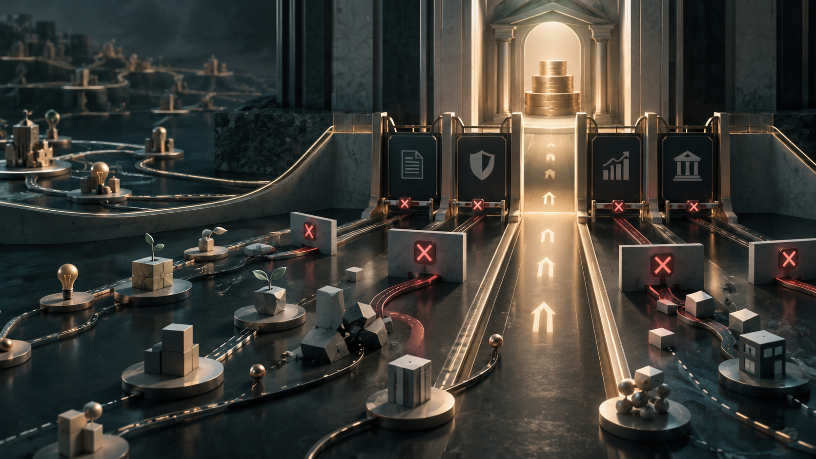 Abstract startup funding system showing early businesses encountering eligibility barriers before reaching available capital