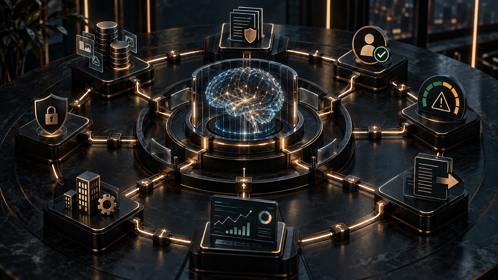 AI governance architecture connecting security, human oversight, data, risk monitoring, documentation, and business systems