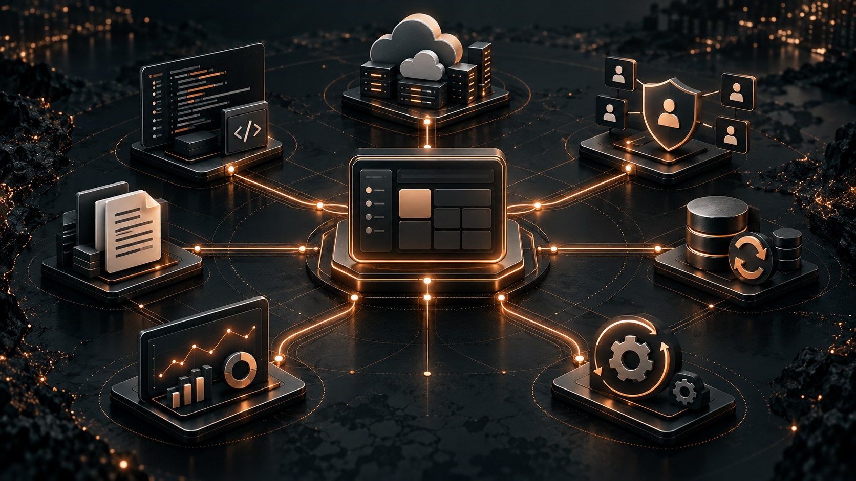 Custom software ownership architecture connecting source code, cloud infrastructure, permissions, backups, monitoring, documentation, and maintenance