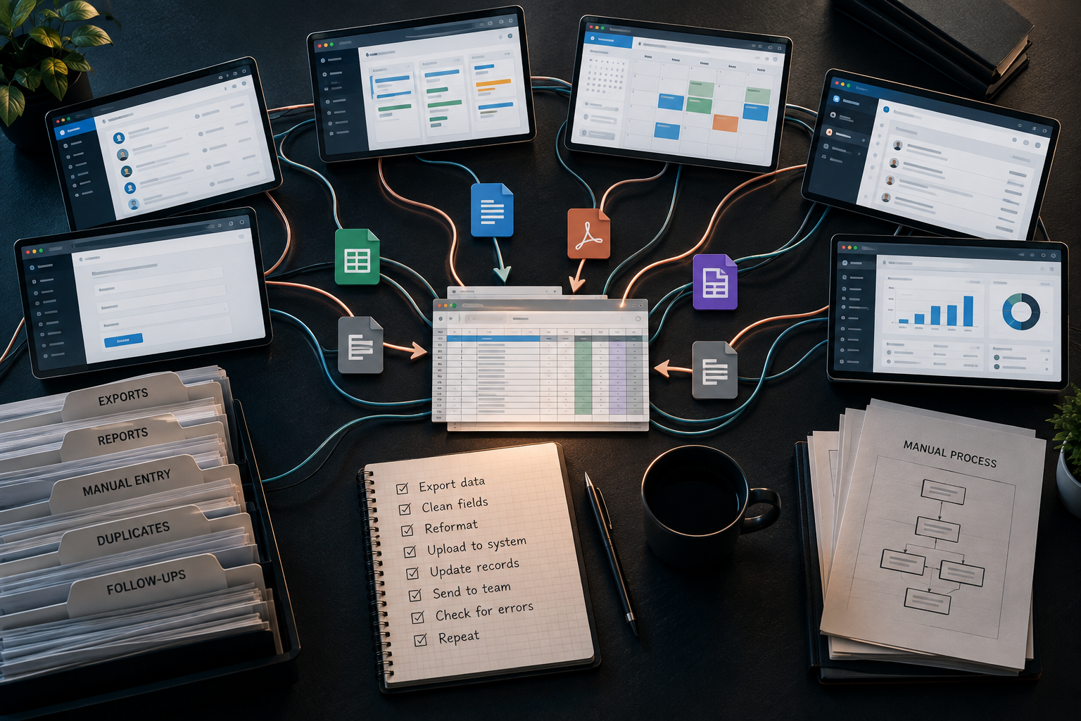 Business-critical spreadsheet surrounded by duplicate files, manual reporting, copied data, and version-control problems