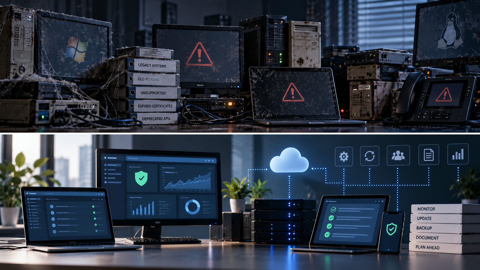 Aging business technology environment with outdated hardware, legacy software, warning indicators, and unsupported dependencies