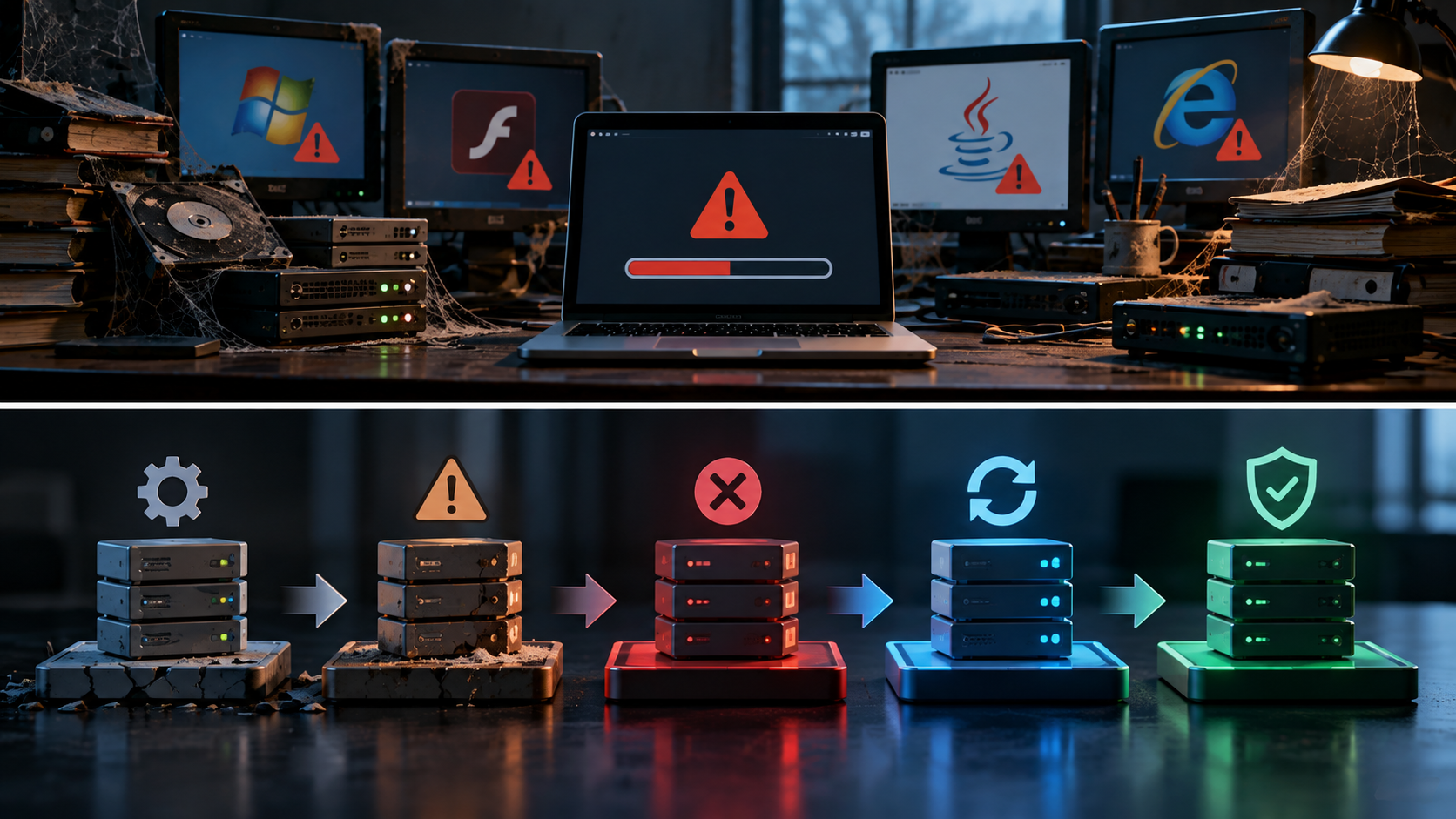 Technology lifecycle management system showing connected infrastructure, monitoring, backups, security, and planned replacement