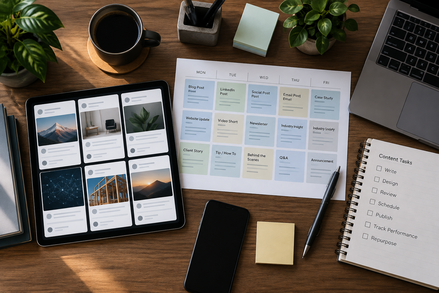 Top-down professional content planning workspace with weekly editorial calendar, varied social posts, and publishing tasks