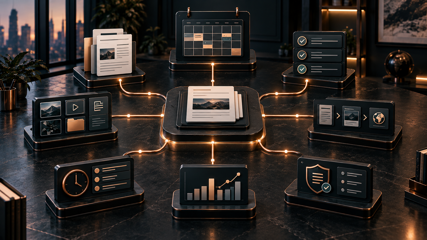 Connected content operations system linking ideas, editorial calendar, approval, publishing, analytics, and governance