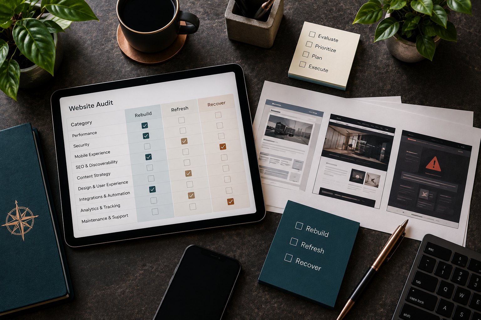 Website audit workspace evaluating performance, security, mobile experience, SEO, content, design, integrations, and recovery needs