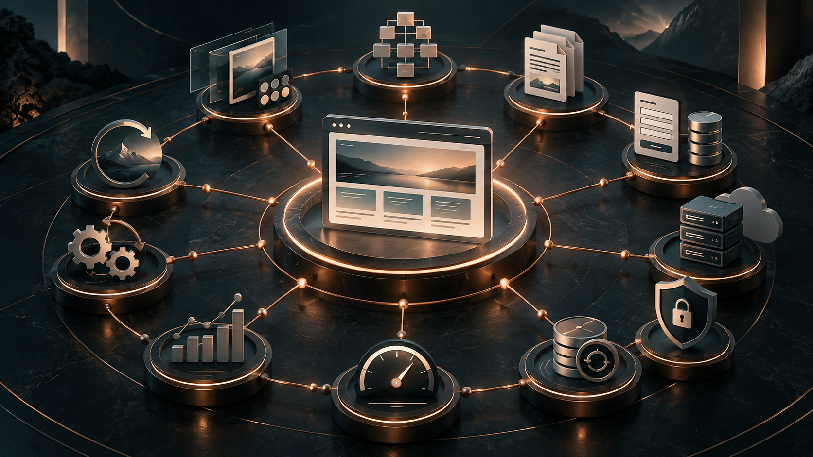 Website infrastructure ecosystem connecting design, content, hosting, data, security, performance, integrations, and recovery