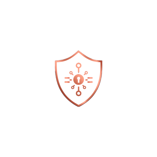 Copper line-art icon of a shield and wrench representing digital recovery and restored system security.
