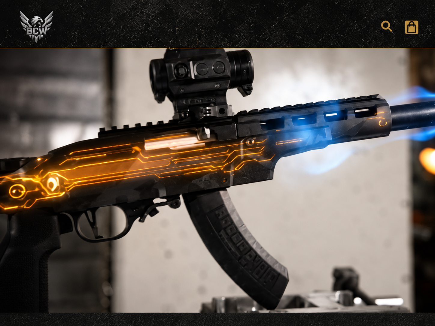Glowing orange-and-blue sci-fi rifle with scope, angled on a wall mount or display stand.
