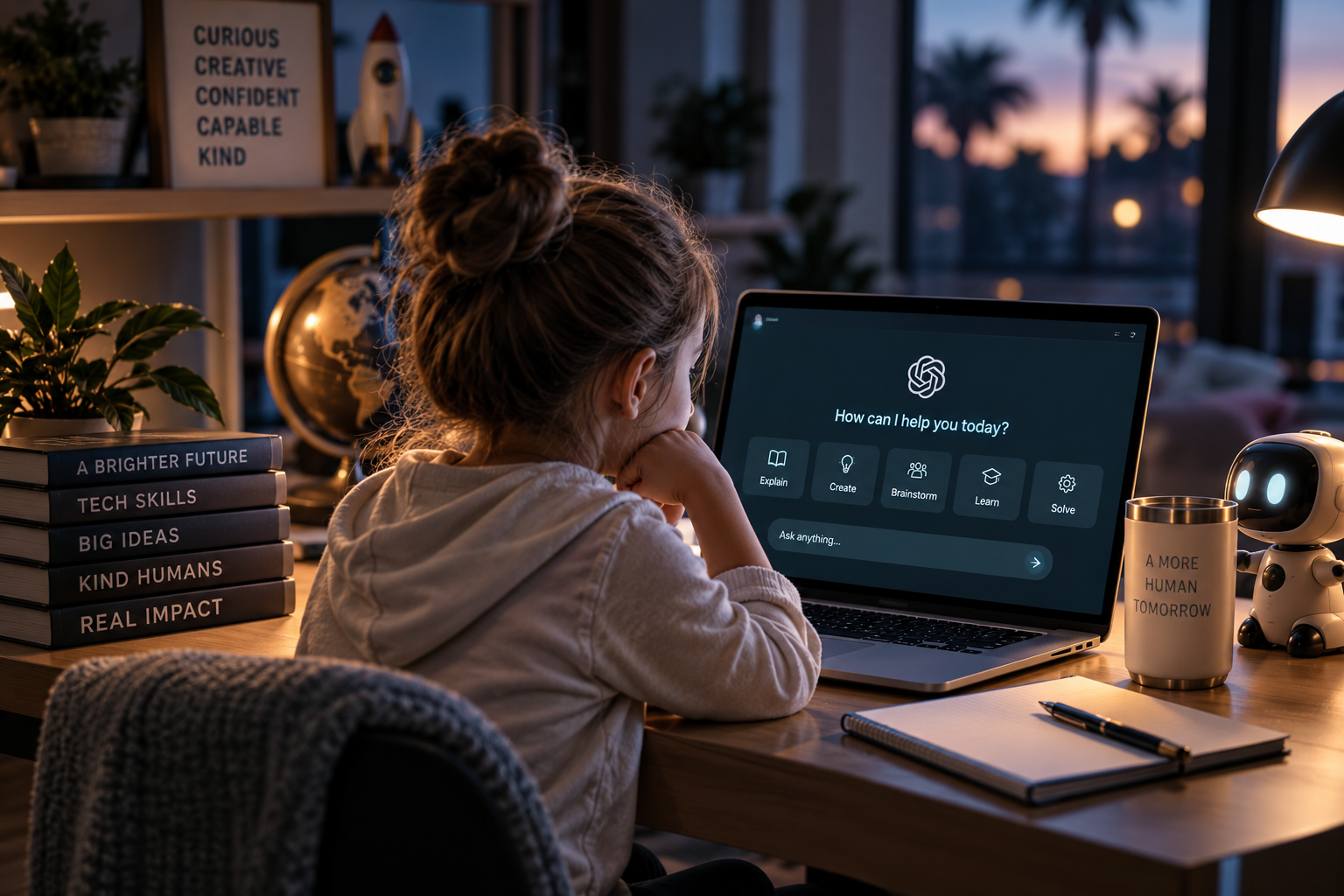 Child thoughtfully exploring an AI learning tool at a home study desk