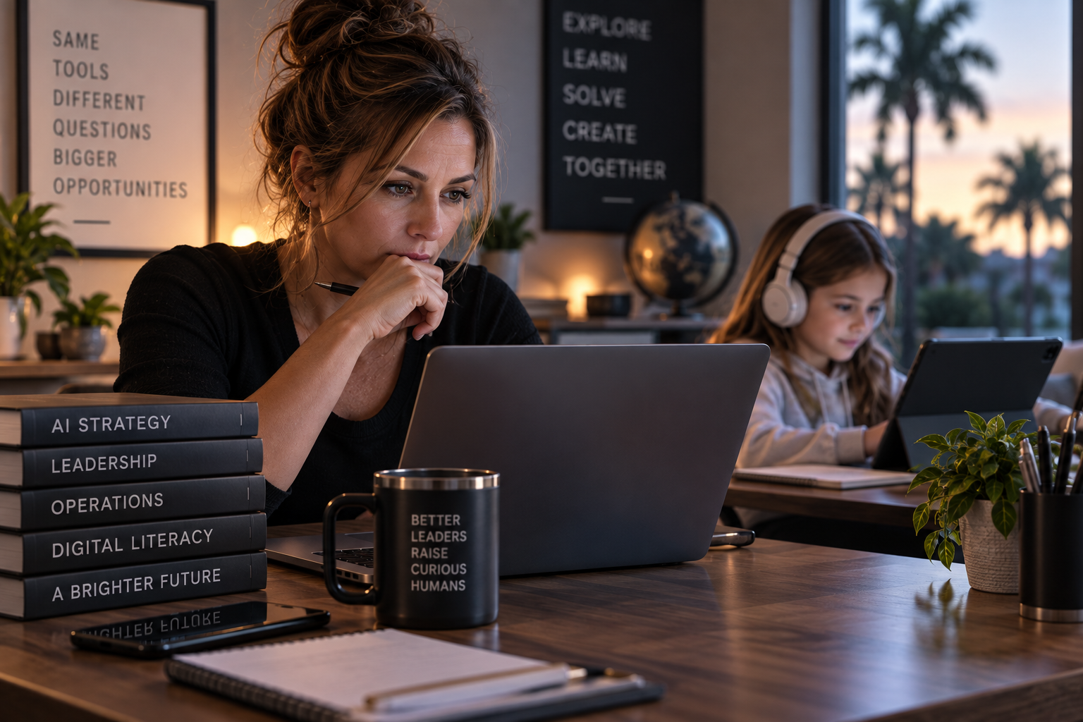 Business professional and child using digital tools in a shared learning and work environment